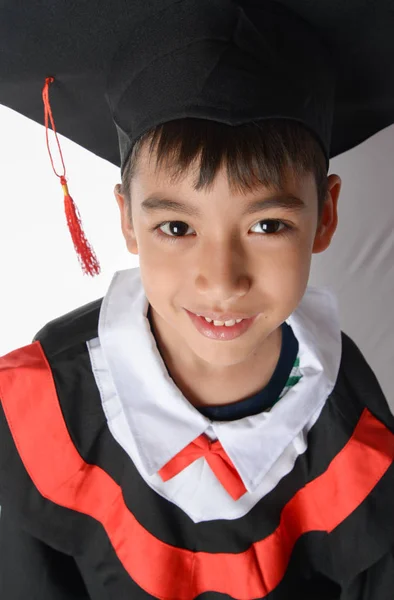 Boy in Graduation Gown Bachelor Robe Cap Academic Dress Kids Cosplay Costume — Stock Photo, Image