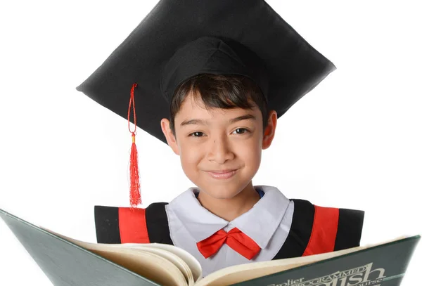 Boy in Graduation Gown Bachelor Robe Cap Academic Dress Kids Cosplay Costume — Stock Photo, Image