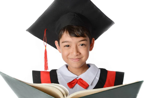 Boy in Graduation Gown Bachelor Robe Cap Academic Dress Kids Cosplay Costume — Stock Photo, Image