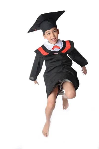 Boy in Graduation Gown Bachelor Robe Cap Academic Dress Kids Cosplay Costume — Stock Photo, Image