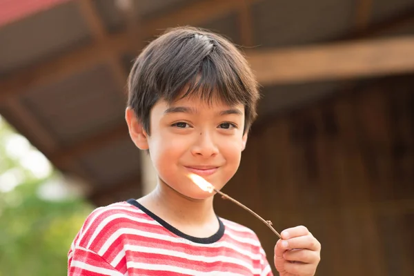 Asian Father Son Making Barbecue Together Outdoor Activity — Stock Photo, Image