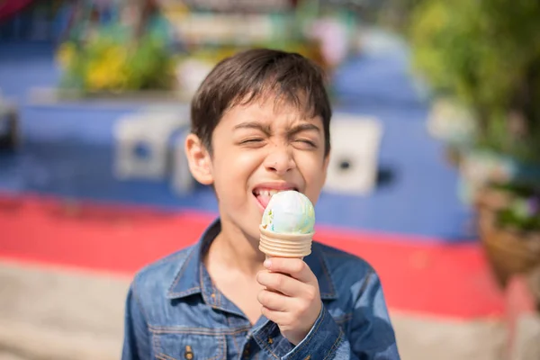 Mały chłopiec jedzenia lodów o plac zabaw z szczęśliwy na czas letni — Zdjęcie stockowe