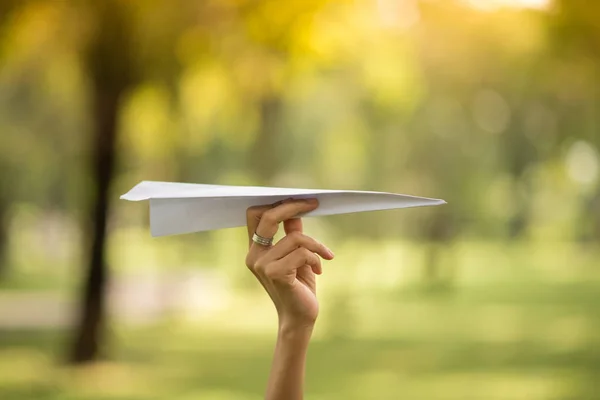 Little Asian Boy Playing Plane Paper Park — Stock Photo, Image