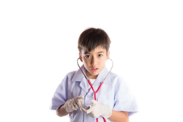 Criança vestindo traje uniforme médico — Fotografia de Stock