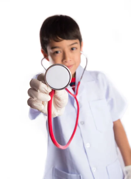 Criança vestindo traje uniforme médico — Fotografia de Stock