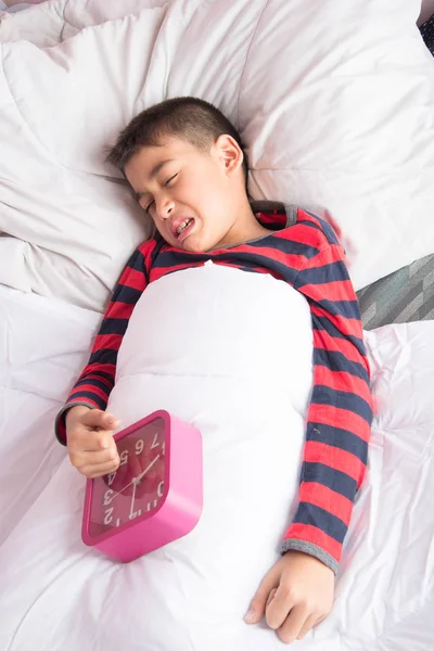 Little Boy Awake Clock Morning — Stock Photo, Image