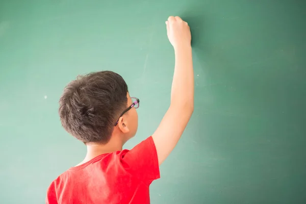 Little Asian Boy Writing Empty Green Board School — Stock Photo, Image