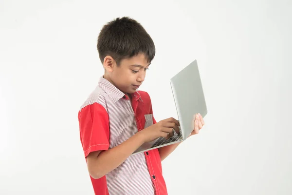 Portrait Little Mix Boy Take Notebook Tablet White Background — Stock Photo, Image