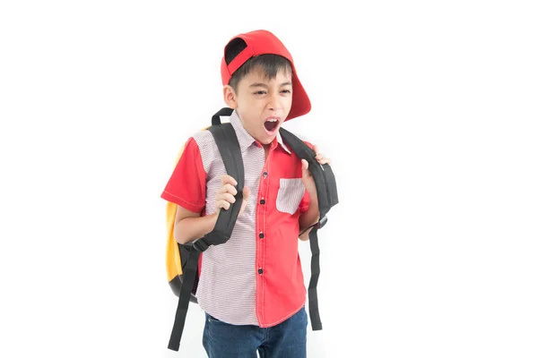 Cansado Chico Escuela Somnoliento Con Bostezo Antes Estudiar Sobre Fondo — Foto de Stock