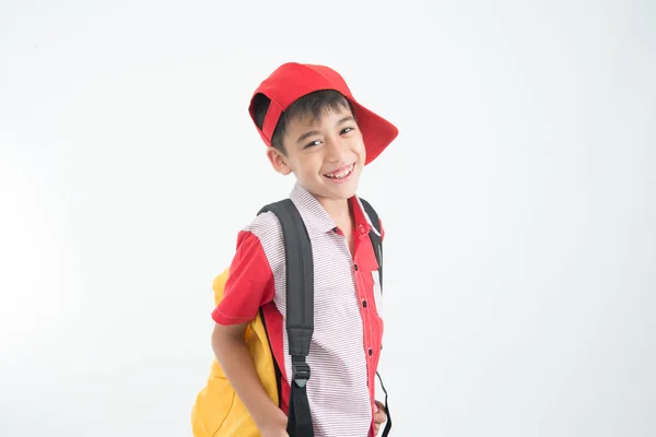 Portrét Chlapce Chodit Školy Schoolbag Bílém Pozadí — Stock fotografie