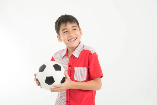 Retrato Menino Tomar Uma Bola Mão Sobre Fundo Branco — Fotografia de Stock