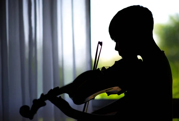 Silhouette Little Boys Play Practice Violin Music Class Room — Stock Photo, Image