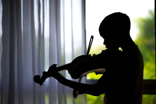 Silhouette Little Boys Play Practice Violin Music Class Room — Stock Photo, Image