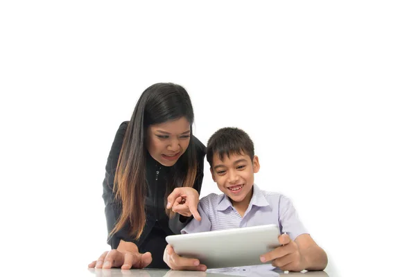 Angry Mother Nags While Boy Playing Tablet Game — Stock Photo, Image