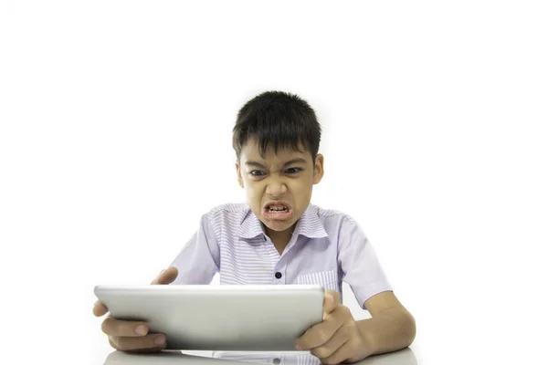 Angry Mãe Nags Enquanto Menino Jogando Tablet Jogo — Fotografia de Stock