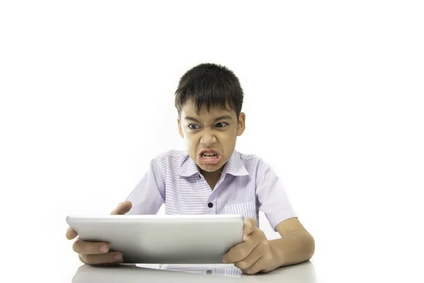 Angry Mother Nags While Boy Playing Tablet Game — Stock Photo, Image