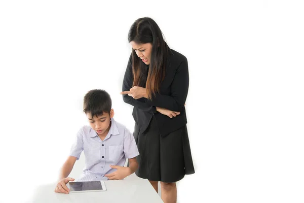 Angry Mother Nags While Boy Playing Tablet Game — Stock Photo, Image