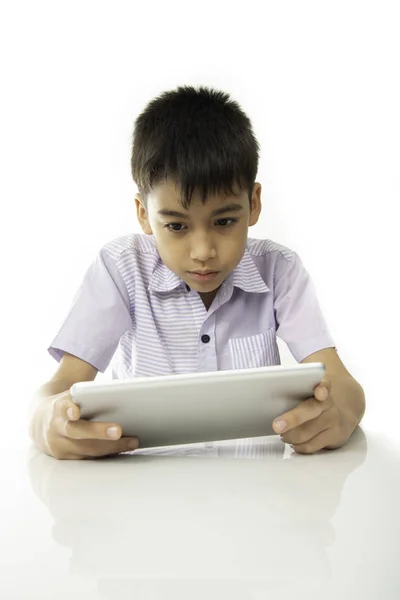 Mãe Filho Jogando Tablet Aprender Conjunto Com Rosto Feliz — Fotografia de Stock