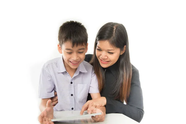 Mother Son Playing Tablet Learn Together Happy Face — Stock Photo, Image