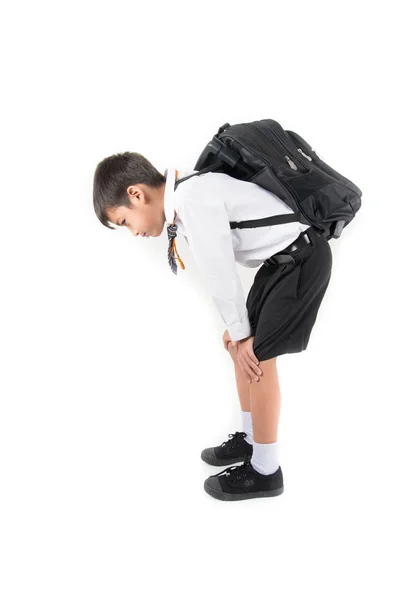 Little School Boy Taking Heavy Bag Full Books His Back — Stock Photo, Image