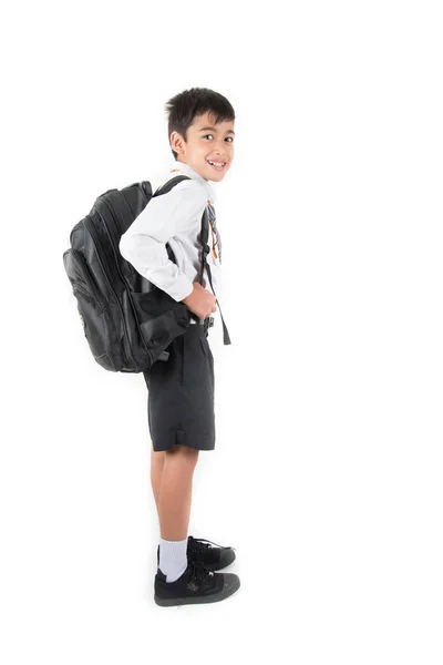 Malý Chlapec Školy Nosí Student Jednotné Připravené První Den Školy — Stock fotografie
