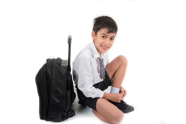 Litte Scuola Ragazzo Uniforme Studente Indossare Scarpe — Foto Stock