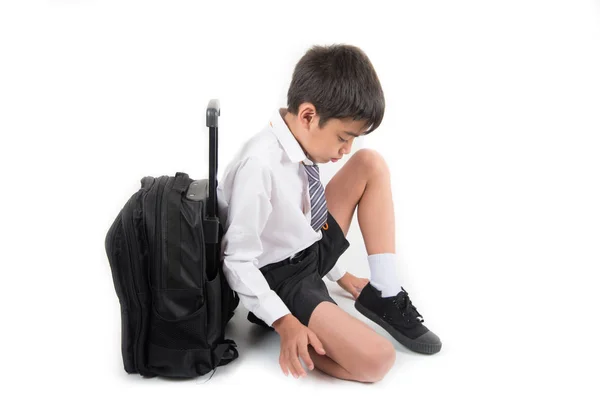 Litte School Jongen Student Uniform Dragen Schoenen — Stockfoto