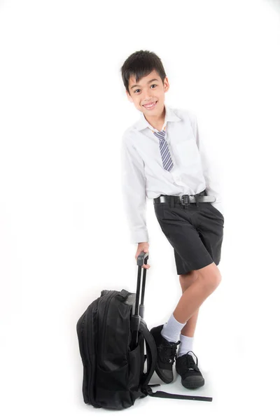 Malý Chlapec Školy Nosí Student Jednotné Připravené První Den Školy — Stock fotografie