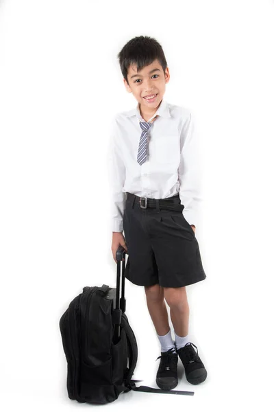 Petit Écolier Portant Uniforme Élève Prêt Pour École Premier Jour — Photo