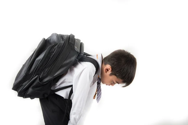 Little School Boy Taking Heavy Bag Full Books His Back — Stock Photo, Image