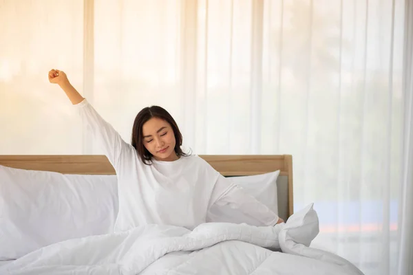 Asain Teenager Woman Just Wake Morning Bedroom — Stock Photo, Image