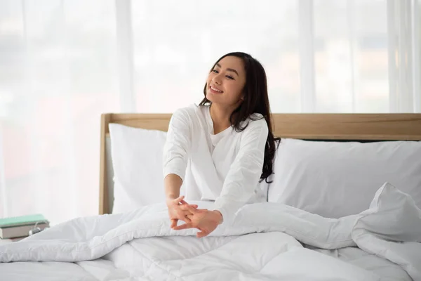 Asain Teenager Woman Just Wake Morning Bedroom — Stock Photo, Image