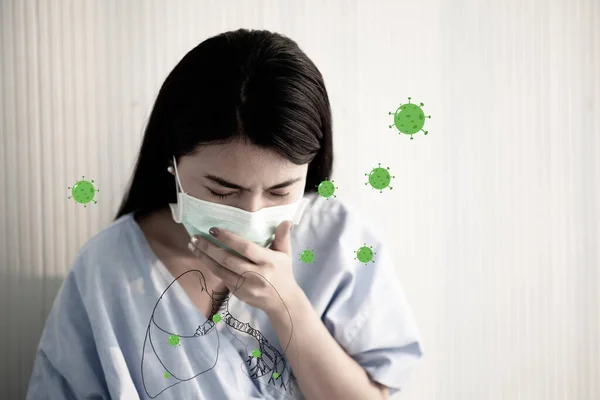 Asian patient woman wearing mask protect virus from sickness covid virus around in the lung