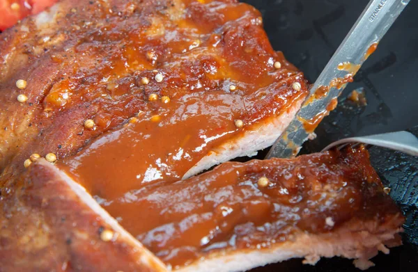 Pork Rib Grill Barbecue Sauce Plate — Stock Photo, Image