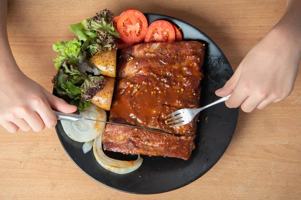 Parrilla Costilla Cerdo Con Salsa Barbacoa Plato — Foto de Stock