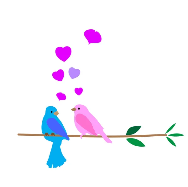 Uccelli blu e rosa con cuori dolci su sfondo bianco — Vettoriale Stock