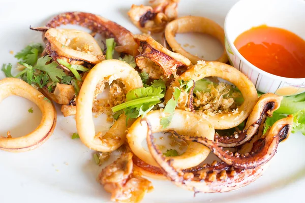 Calamari secchi fritti al sole con salsa — Foto Stock