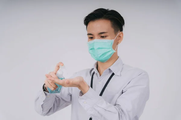 Asian Thai Doctor Cleaning Washing Hands Alcohol Gel Isolated White — Stock Photo, Image