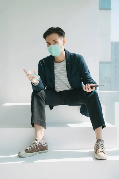 Fashion Portrait Young Asian Thai Man Quarantine Himself Home Wearing — Stock Photo, Image