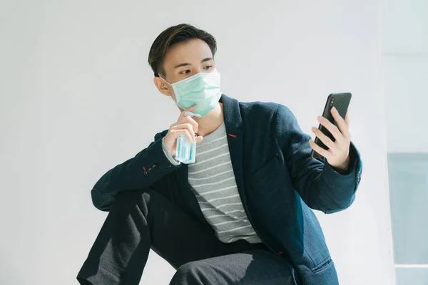 Fashion Portrait Young Asian Thai Man Wearing Doctor Mask Using — Stock Photo, Image