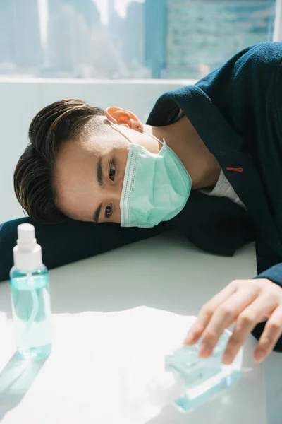 Close Portrait Young Asian Thai Man Resting Room Quarantine Home — Stock Photo, Image