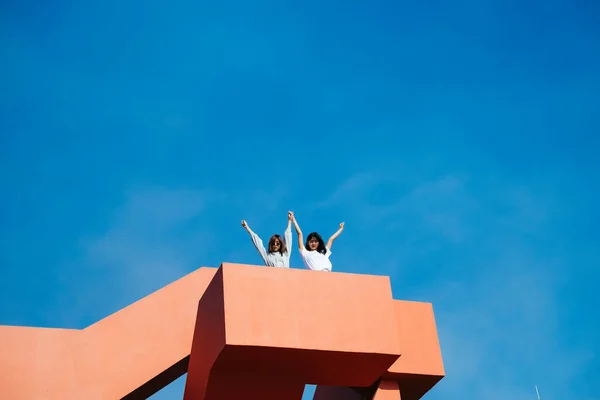 Καλύτερες Φίλες Που Στέκονται Στην Κορυφή Του Κτιρίου Σηκώνουν Χέρια — Φωτογραφία Αρχείου