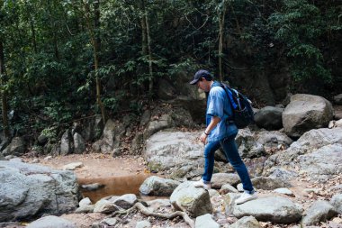 Ormanda kayalara basan adam.