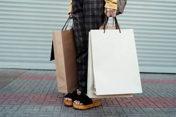 Shopping Girl Carrying Paper Bags She Waiting Somebody Pick Her — Stock Photo, Image