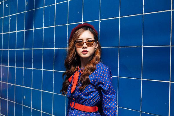 Beautiful Thai Woman Stading Blue Background Stock Photo