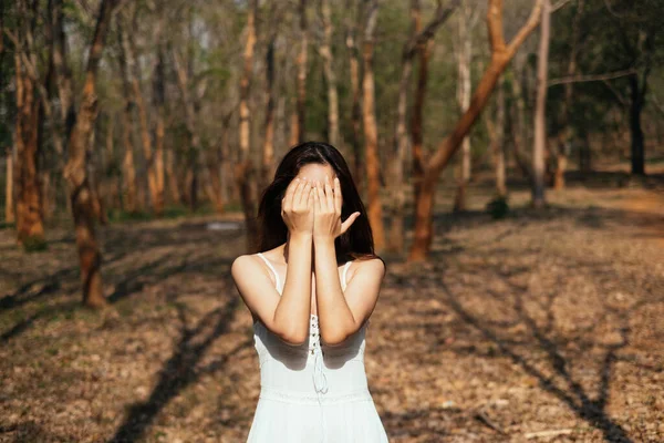 Beautiful Woman Cover Her Face Two Hands Autumn Forest — Stock Photo, Image