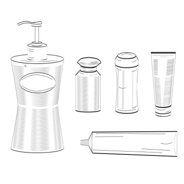 Siyah beyaz el çizimi ve plastik tuvalet malzemeleri şişesi, tüp ve konteynır hijyenik ve vücut bakım ürünleri için çizimi