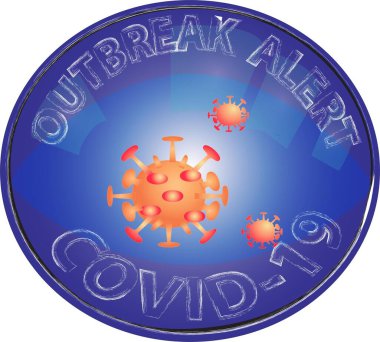 Covid 19 Corona Virüs Salgını. İğne, rozet, çıkartma, etiket, poster, afiş ve reklamlar için uyarı işareti.