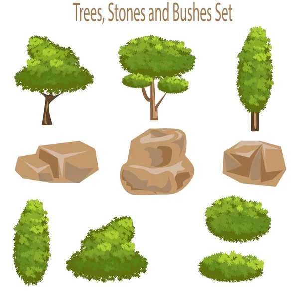 Baum Busch Und Steinlandschaften Und Gartenelemente Für Parks Wälder Und — Stockvektor
