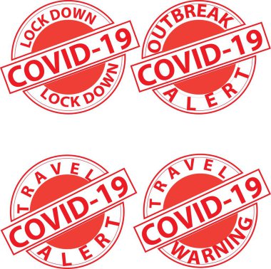 Covid-19 Corona Virüs Salgını Pankartlar, reklamlar, afişler, afişler, çıkartmalar, rozetler ve amblemler için uyarı pulları koleksiyonu
